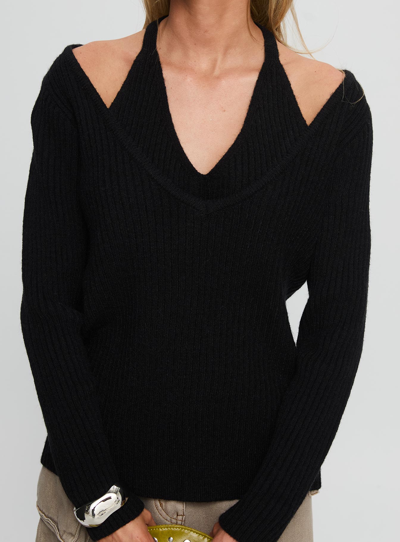 Sensibility Halter Detail Knit Sweater Black