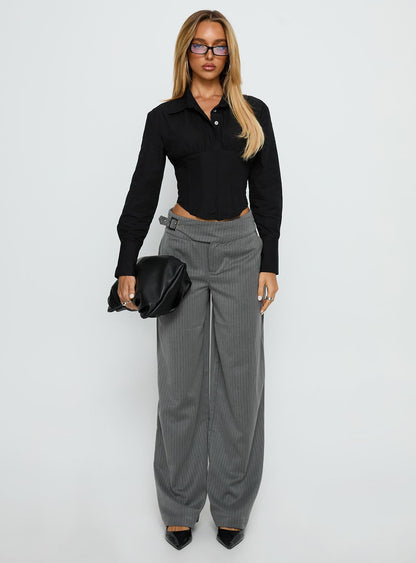 Jinny Relaxed Buckle Tailored Pants Grey Pinstripe